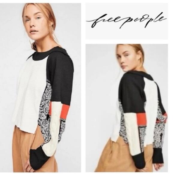 Free People Sweaters - Free People Josie Patterned Knit Sweater XS Patchwork Pullover Boho Cropped